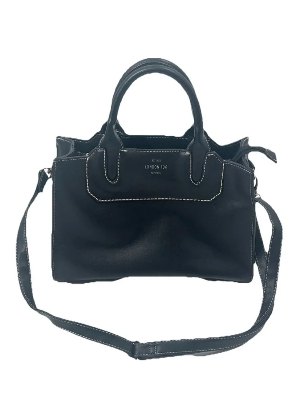 London Fog Black Structured Satchel Contrast Stitch Crossbody Purse Quiet Luxury